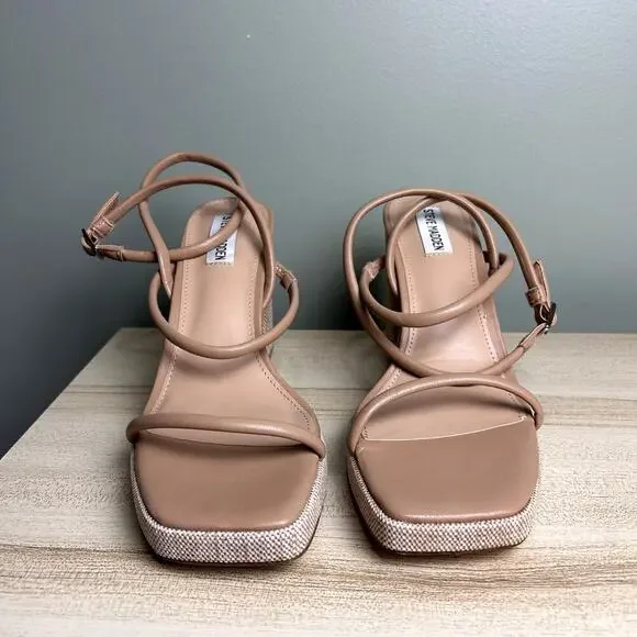 Steve Madden Pennie Tan Brown Faux Leather Strappy Block Heels Sandals size 9.5 - Picture 12 of 12